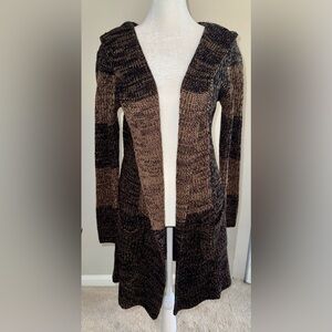Effeci Brown and Black Open Cardigan Sweater Hood, Earthy Knit Texture - EUC